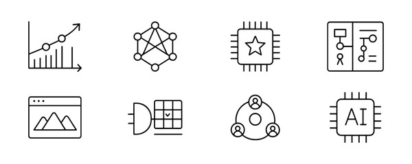 Data analysis and technology linear icon set. graphs, ai, chipset, and more.