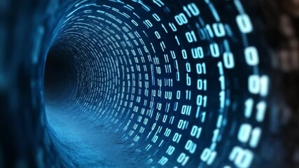 Poster - Digital Data Stream: A captivating display of binary code flowing through a digital tunnel, evoking a sense of innovation and technological advancement. 