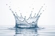 © Bijac - Dynamic, crystal clear water splash frozen in mid-air, with individual droplets and intricate crown formation, isolated on a stark white background, perfect for beverage or purity concepts.