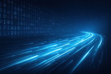 Abstract visualization of high-speed digital data flow as glowing light trails along a futuristic highway or network path representing global communication coding and agile digital transformation.