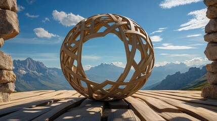 Poster - A modern spherical structure with geometric carvings perfectly aligning to reveal a panoramic view of majestic mountain peaks in the distance
