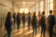 © Bijac - Vibrant Unfocused School Hallway Students in Motion Creating a Dynamic and Energetic Educational Atmosphere Background