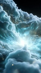 Wall Mural - Abstract digital rendering of glowing celestial clouds in shades of blue and white with sparkling specks suggesting stars in a cosmic scene.