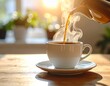 © Ytalo - Servindo café quente em xícara com luz do sol pela manhã