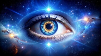 Wall Mural - surreal eye gazing out into the cosmos, surrounded by glowing stars, nebula clouds, and otherworldly