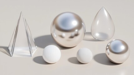 Geometric forms in various materials, metallic and transparent spheres, and a pyramid