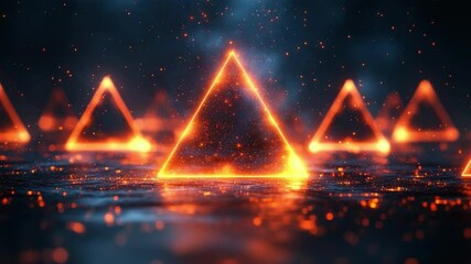 Fototapete - Glowing Pyramids of Power: A futuristic digital illustration of geometric forms emanating a vibrant, fiery glow against a dark, ethereal backdrop. The composition invites contemplation of energy.