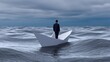 © pkproject - A lone figure navigates a paper boat through a stormy sea, a metaphor for the challenges of life's journey.
