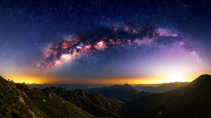 Wall Mural - Stunning panoramic view of the Milky Way galaxy over silhouette mountain range at twilight, sky filled with shining stars