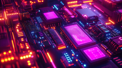Wall Mural - server rack circuit board with glowing leds and intricate components highlighting modern technology