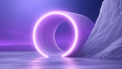Leinwandbilder - Neon Illuminated Portal: An artistic rendering showcasing a glowing neon circle tunnel emerging from a textured landscape, perfect for adding a touch of futuristic flair to your creative projects.