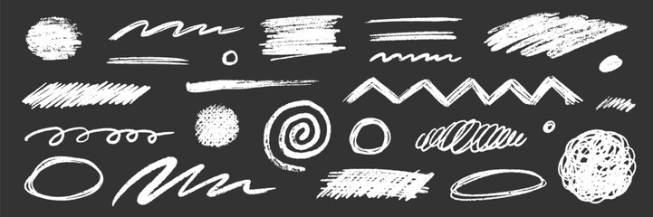 Aufkleber - Crayon chalk scribble effect texture pastel stroke element set. Hand drawn crayon pencil brush stroke texture line shape on black background. Chalk scratch hand drawn style. Vector illustration