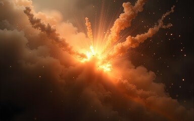 Wall Mural - A powerful dust explosion bursts outward, filling the dark space with chaotic, suspended particles. High quality