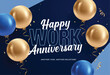 © AmazeinDesign - Happy work anniversary clipart design. Company office celebration greeting text clip art with blue and gold balloons floating for another years success background vector illustration.