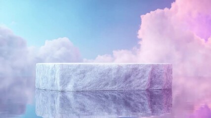 Aufkleber - Cloud-like Marble Podium: A serene, pastel-hued image of a rectangular marble podium sitting atop a reflective surface, nestled amidst fluffy clouds under a soft, colorful sky.