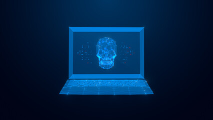 a futuristic digital representation of a human skull projected from a laptop, symbolizing artificial
