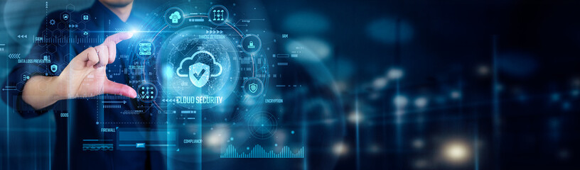 businessman touching cloud security icons ensures data protection, access control, compliance in clo