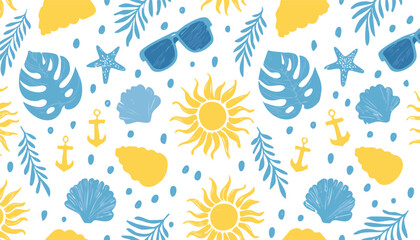 Beach summer pattern. Sea seamless bg. Crayon element background. Palm, sun sunglasses, algae, shell, leaf flower, anchor.children, doodle, palm, pastel, print, surf, watercolor, drawn, fish, italy,