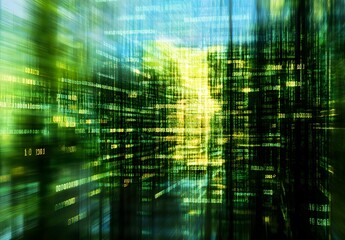 A blurred background of computer code and data streams, representing the fast flow of digital information in software development.
