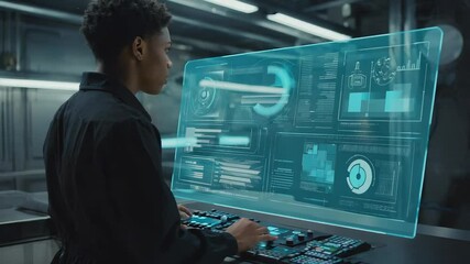 Black industrial engineer working with futuristic computer in high-tech factory