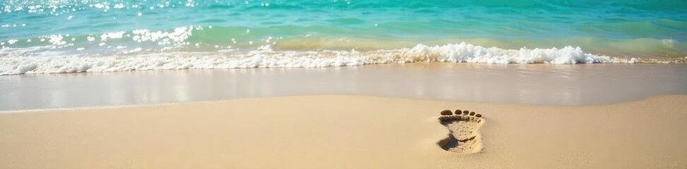 Wall Mural - A single footprint in wet sand, stretching towards a vast, clear ocean The lone mark symbolizes a journey, a life lived, and the vast possibilities that lie ahead , summer, calm, peace