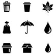 © HUMAN STUDIO - Collection of nine white outlined icons on a black background representing various things