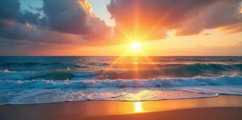 Wall Mural - Vast, tranquil seashore panorama at golden hour Serene ocean waves meet the endless horizon under a breathtaking sunset sky Perfect for travel, nature, and coastal themed projects , blue, texture