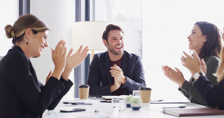 Poster - Business people, happy group and applause in office for success, reward or milestone. Team, celebrate promotion or clapping for target with bonus, excellence or congratulations for great work results