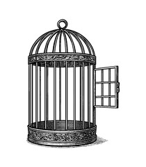 Wall Mural - detailed engraving of a birdcage with an open door, elaborate ornamentation, black and white