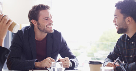 Poster - Project, happy or men in meeting with business advisor, teamwork and investment budget. People, laughing and confident accountants in boardroom for feedback, accounting review and risk management