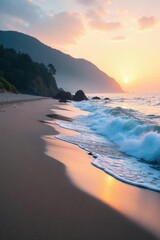 Wall Mural - Serene coastal scene at dawn  Misty air hangs over tranquil, sandy shore, waves gently lapping  Perfect for peace, tranquility, and nature themes ,  shore,  horizon