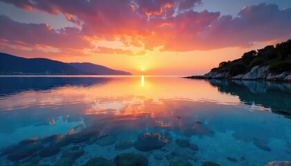 Wall Mural - Serene European lagoon at sunset, calm waters reflecting the vibrant sky Ideal for travel, nature, and tourism websites , wildlife, holiday