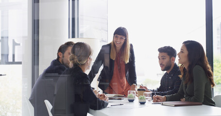 Poster - Team, leader and discussion with business people in conference room for financial planning. Group, meeting and woman with smile, ideas or brainstorming for investment collaboration at finance firm
