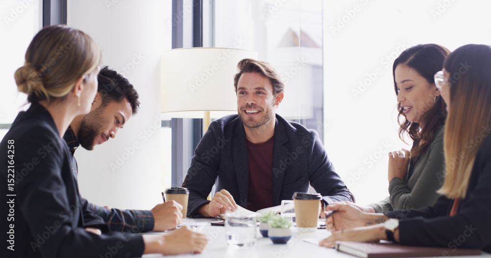 Meeting, smile and teamwork with business people in office together for discussion or planning. Collaboration, happy and update with professional employee group in boardroom for development workshop