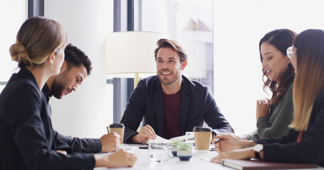 Poster - Meeting, smile and teamwork with business people in office together for discussion or planning. Collaboration, happy and update with professional employee group in boardroom for development workshop