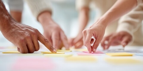 Aufkleber - Diverse Team Collaborating Over Desk Clutter with Sticky Notes and Documents for Creative Brainstorming and Business Innovation in Modern Workspaces