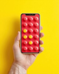 Aufkleber - Modern Male Hand Holding Smartphone with eSIM Technology Interface on Wooden Table - Digital Transformation and Telecom Innovation Concept