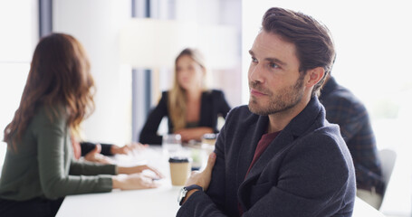 Poster - Thinking, meeting or man in boardroom for brainstorming, vision and public relations agency. Business ideas, media manager and publicist in office for brand awareness, campaign and corporate project