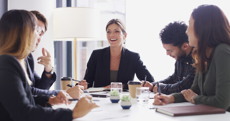 Poster - Collaboration, meeting and smile with business people in boardroom of discussion or planning. Corporate, management and teamwork with happy employee group in office together for professional workshop