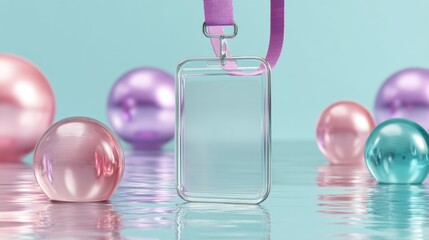 Poster - Transparent Event Pass Plastic ID Badge with Adjustable Clip Hanging on Purple Ribbon in Reflective Modern Setting for Corporate Access and Branding