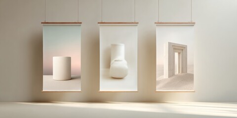 Aufkleber - Minimalist Traditional Hanging Scrolls Displayed in Museum Gallery with Soft Natural Lighting and Neutral Monochromatic Palette for Cultural Promotion