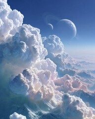 Poster - Celestial Landscape with Multiple Ringed Planets and Nebula Clouds in a Surreal Alien Mountain Setting for Sci-Fi Gaming and Space Exploration Media