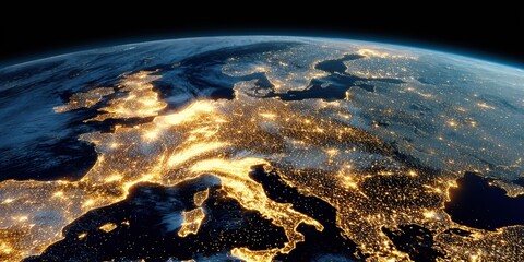 Poster - Illuminated Earth from Space Highlighting Europes City Lights and Global Connectivity for Environmental and Technological Innovation Campaigns