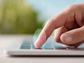 Fototapete - Vibrant biometric fingerprint login on laptop with tropical colors and holographic interface for secure digital identity and authentication technology
