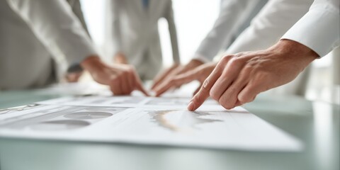 Fototapete - Collaborative Business Meeting with Professionals Analyzing Printed Reports and Data Sheets Innovation Focus for Strategic Decision-Making in Corporate Settings