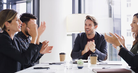Poster - Business people, happy group and clapping in office to celebrate promotion, award or win. Team, success and applause for target with bonus, goal achievement or congratulations for great work results