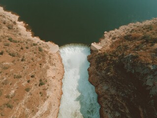 Leinwandbilder - Aerial View of Hydroelectric Dam Releasing Water Through Gates in Natural Landscape - Renewable Energy and Sustainability Concept for Green Power Marketing