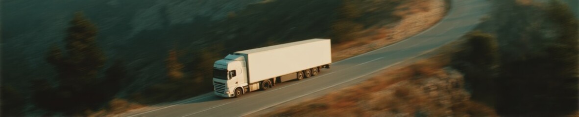 Poster - Autonomous semi-truck navigating curved highway at night with illuminated sensors and flowing river, showcasing advanced freight technology and modern safety features