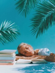 Aufkleber - Modern Education Stress Concept with Exhausted Student Resting on Books in Vibrant Library Setting Highlighting Academic Pressure and Time Management