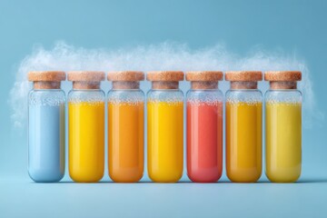 Poster - Transparent Test Tubes with Colorful Liquids in Cryogenic Vapor for Modern Laboratory and Biotech Branding - Clean Scientific and Medical Innovation